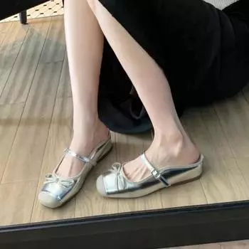 Sheepskin version~ Silver bow-tie ballet shoes for women s summer wear with half slippers and inner height-increasing light-mouth single shoes 34