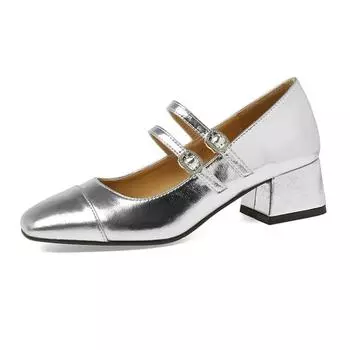 Sheepskin version silver thick heel Mary Jane shoes women s new square head light mouth one-word buckle strap single shoes women s high heels 35