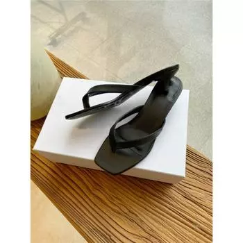 Sheepskin version~ Simple niche pinch-foot leather flip-flops shoes women s kitten heel half slippers medium heel sandals cool slippers 35