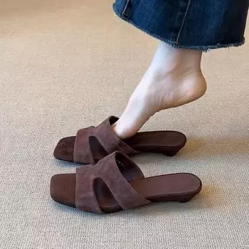 Sheepskin version~ Simple open-toed wedge heel one-word slippers women s summer retro soft-soled casual hollowed-out outer cool slippers 35