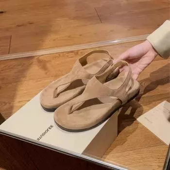 Sheepskin version~ Simple temperament herringbone retro toe Roman sandals women s summer vacation flat bottom pinch cold slippers 35