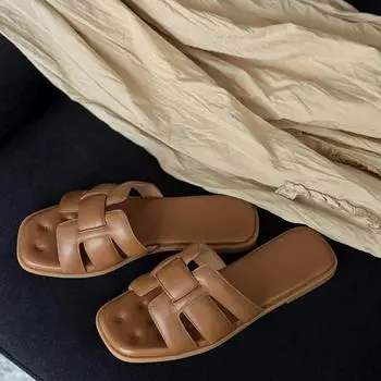 Sheepskin version~ Simple woven flat-bottomed one-word slippers for women s versatile and comfortable beach casual cool slippers 34