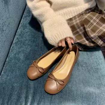 Sheepskin version single shoes women s round head light mouth bow leather shoes versatile thick heel commuter ballet shoes 34