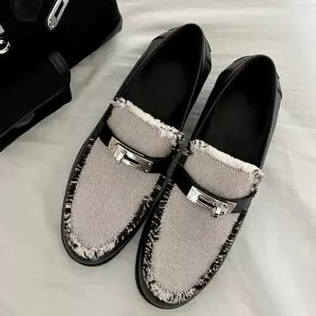 Sheepskin version~ Small gold buckle leather canvas loafers women s round head flat-soled single shoes British style small leather shoes lazy shoes 35