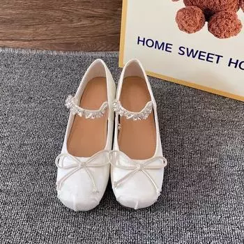 Sheepskin version small man inner height increase 5cm ballet shoes women s spring and autumn rhinestone bow light mouth satin shoes 33