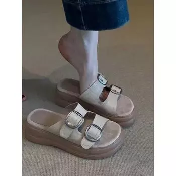 Sheepskin version~ Soft leather thick-soled one-word slippers for women s summer wear new high-end versatile cool slippers 35