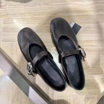 Sheepskin version~ Soft-soled retro ballet silver Mary Jane shoes women s spring one-word buckle flat-bottomed commuting light-mouth single shoes 35