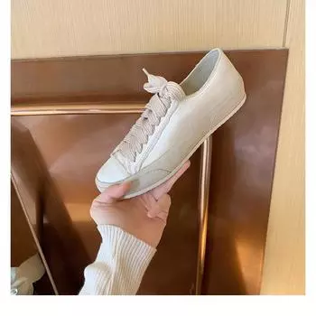 Sheepskin version Spanish niche silk satin leather shoes versatile little white shoes women s flat casual sports shoes 35