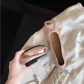 Sheepskin version~ Splicing square head with one pedal bow single shoes women s flat leather ballet shoes 34