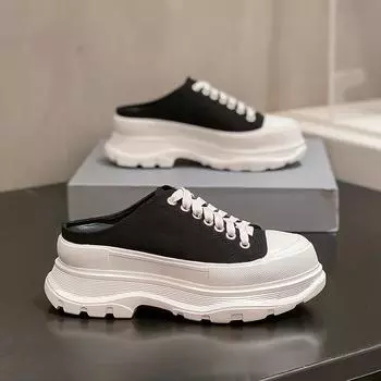 Sheepskin version~ spring and summer baotou half slippers women wear thick-soled inner height-increasing canvas shoes white shoes 33