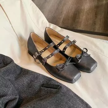 Sheepskin version~ Square head bow double buckle belt flat Mary Jane shoes women s shallow leather single shoes 35