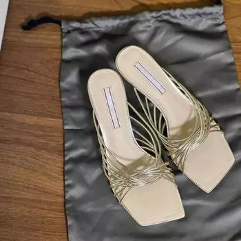 Sheepskin version~ Square head cross-strap high-heeled cool slippers femininity thin-heeled open-toed sandals for outer wear 34