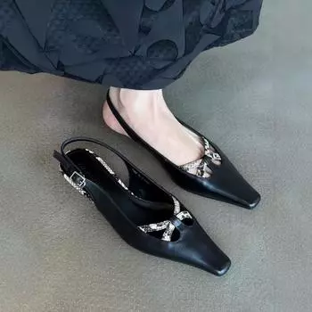 Sheepskin version~ Square head hollow design kitten heel sandals women s French temperament bag head one-word buckle belt low heel shoes 34 чёрный