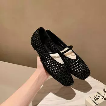 Sheepskin version square head hollow woven mesh Mary Jane shoes women s word with shallow mouth single shoes 35