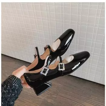 Sheepskin version~ Square head leather rhinestone shoes with shallow mouth single shoes women s thick heel retro Mary Jane shoes 35