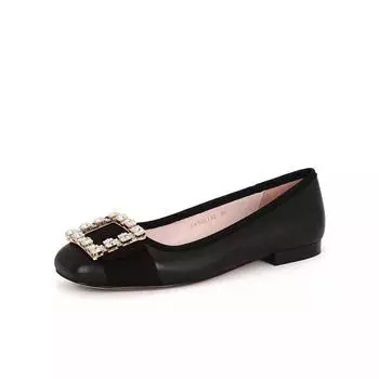 Sheepskin version square head leather rhinestone square buckle shallow mouth flat bottom one pedal commuter single shoes women 35