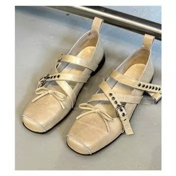 Sheepskin version~ Square head pig nose Mary Jane shoes women s shallow mouth bow ballet leather shoes 35