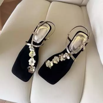 Sheepskin version~ Square head sequined flower toe sandals women s exquisite skirt with wedge sandals 35