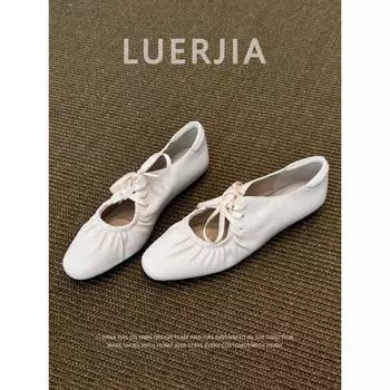 Sheepskin version! Square head single shoes women s lace-up bow shallow mouth ballet shoes pleated beautiful Mary Jane shoes 35