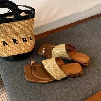 Sheepskin version~ Square head woven metal toe slippers women s summer wear thick heels cool slippers vacation style beach shoes 35