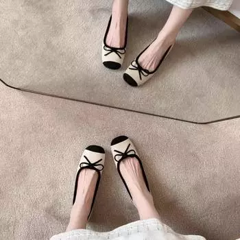 Sheepskin version Su Yinyin bow inner height increase light mouth color matching flat sole single shoes bag head half slippers women s ballet shoes 32