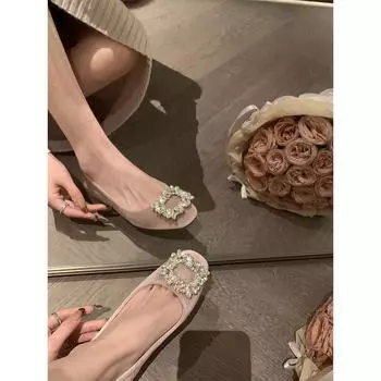 Sheepskin version~ Su Yinyin s same square head rhinestone buckle shoes, shallow mouth velvet flat-soled single shoes, women s commuter shoes, we 34
