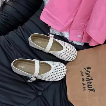 Sheepskin version~ Summer hollow mesh shoes sandals flat bottom soft and comfortable shallow mouth Mary Jane shoes hole women s shoes 35