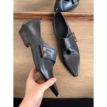 Sheepskin version~ Super soft small gold buckle pointed small leather shoes women s design thick heel versatile household shoes 35