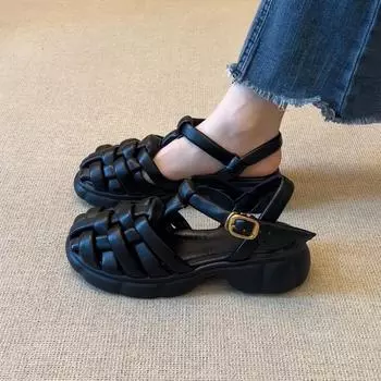 Sheepskin version~ Super soft thick-soled woven hollowed-out one-word sandals women s new skirt thick heel bag head shoes 35
