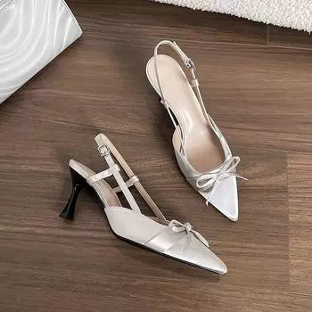 Sheepskin version temperament pointed high heels women s thin heels new satin bow light mouth one-word buckle strap empty sandals 34