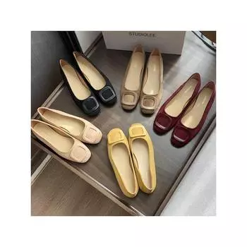 Sheepskin version~ Temperament round head versatile square buckle shallow mouth single shoes women s genuine leather commuter flat bottom ladle shoes 35