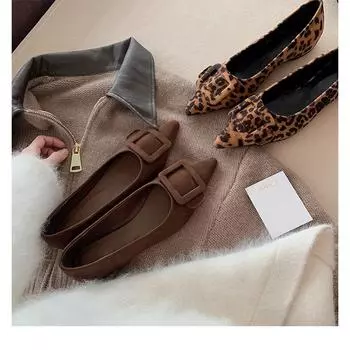 Sheepskin version~ temperament small pointed square buckle leather flats versatile light mouth leopard print shoes single shoes women s new ladyshoes 35