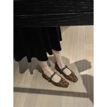 Sheepskin version temperament small square head love diamond belt shallow mouth Mary Jane shoes women s leopard print flat sole shoes 35
