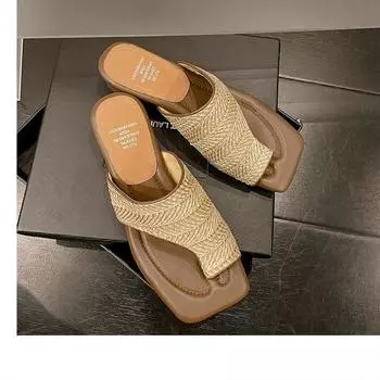 Sheepskin version~ Temperament square head straw-woven cover-toe flip-flops women s summer outer wear casual vacation pinch foot cool slippers 35