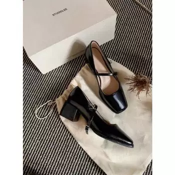 Sheepskin version temperament square head thin word with light mouth commuting thick heel Mary Jane shoes women s single shoes 35