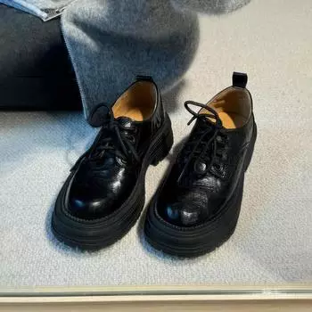 Sheepskin version~ thick-soled British leather lace-up small leather shoes women s versatile retro college style thick heel round head 35
