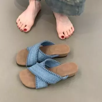 Sheepskin version~ thick-soled holiday style cross-strapped round head open-toed sandals women s one-pedal retro outer flat slippers 35