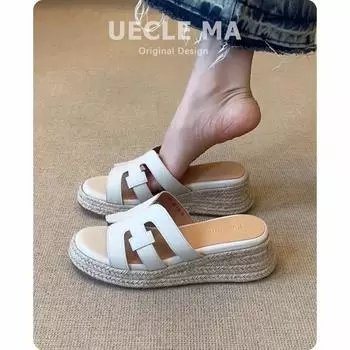Sheepskin version~ thick-soled leather wedge slippers women s summer wear with skirts to increase height and not tire feet cool slippers 35