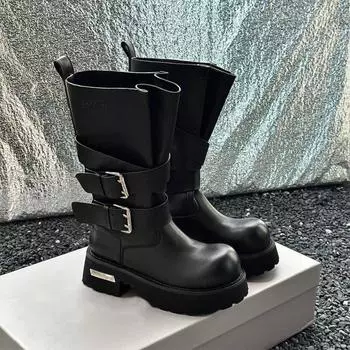 Sheepskin version thick-soled medium boots retro big-headed knight boots female venom belt buckle Martin boots female western cowboy boots 35