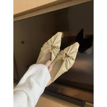 Sheepskin version triangular buckle cool slippers women s hollow pointed tip pleated baotou half slippers 35