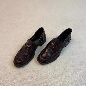 Sheepskin version~ Versatile commuter leather, light mouth, round head, thick heel, casual one-pedal small leather shoes, women s single shoes 35
