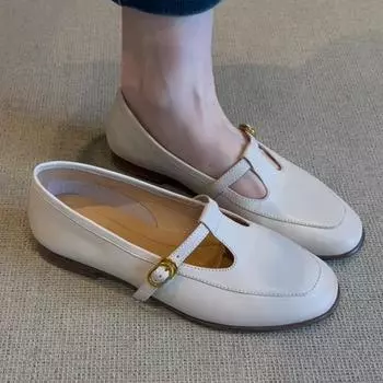 Sheepskin version versatile white women s Mary Jane shoes flat-bottomed one-pedal leather one-word buckle single shoes 35