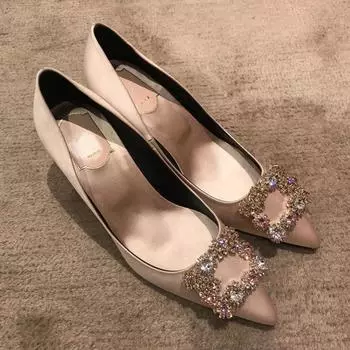 Sheepskin version~ wedding to have it satin light mouth square buckle flower diamond thin high heel single shoes women s wedding shoes 34