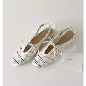 Sheepskin version~ woven hollow bag head sandals women s one-word buckle with bow thick heel holiday shoes 35