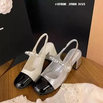 Sheepskin version Xiaoxiangfeng pearl chain round head empty bag head high heel sandals versatile fairy summer thick heel single shoes 34