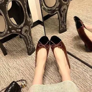 Sheepskin version~ Xiaoxiangfeng velvet leather soft-soled Mary Jane single shoes women s bow flats ballet shoes ladyshoes 35