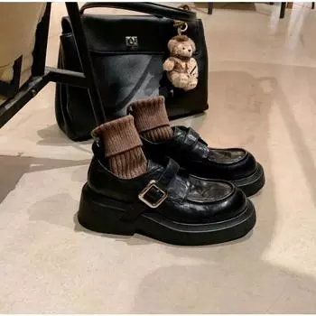 Sheepskin washed leather round head British one-pedal small leather shoes women s muffin single shoes platform lazy retro 35