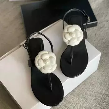 Sheepskin Women s Camellia Herringbone Sandals Ladies Summer Sandals Girl Flower Flat Flip Flop Beach Shoes Designer Sandal 35 чёрный