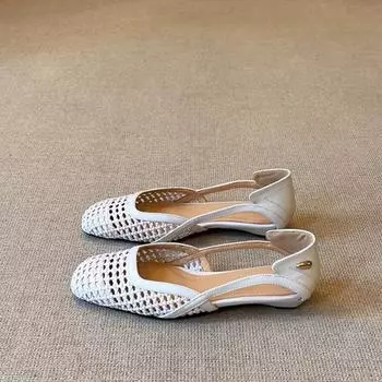 Sheepskin woven hollow versatile square head single shoes women s fashion versatile leather shallow mouth one pedal outside sandals women s models 35