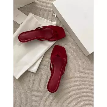 Sheepskin~ za new red leather cat and flip-flops for women in summer, wearing slippers with high heels and cool slippers. 35